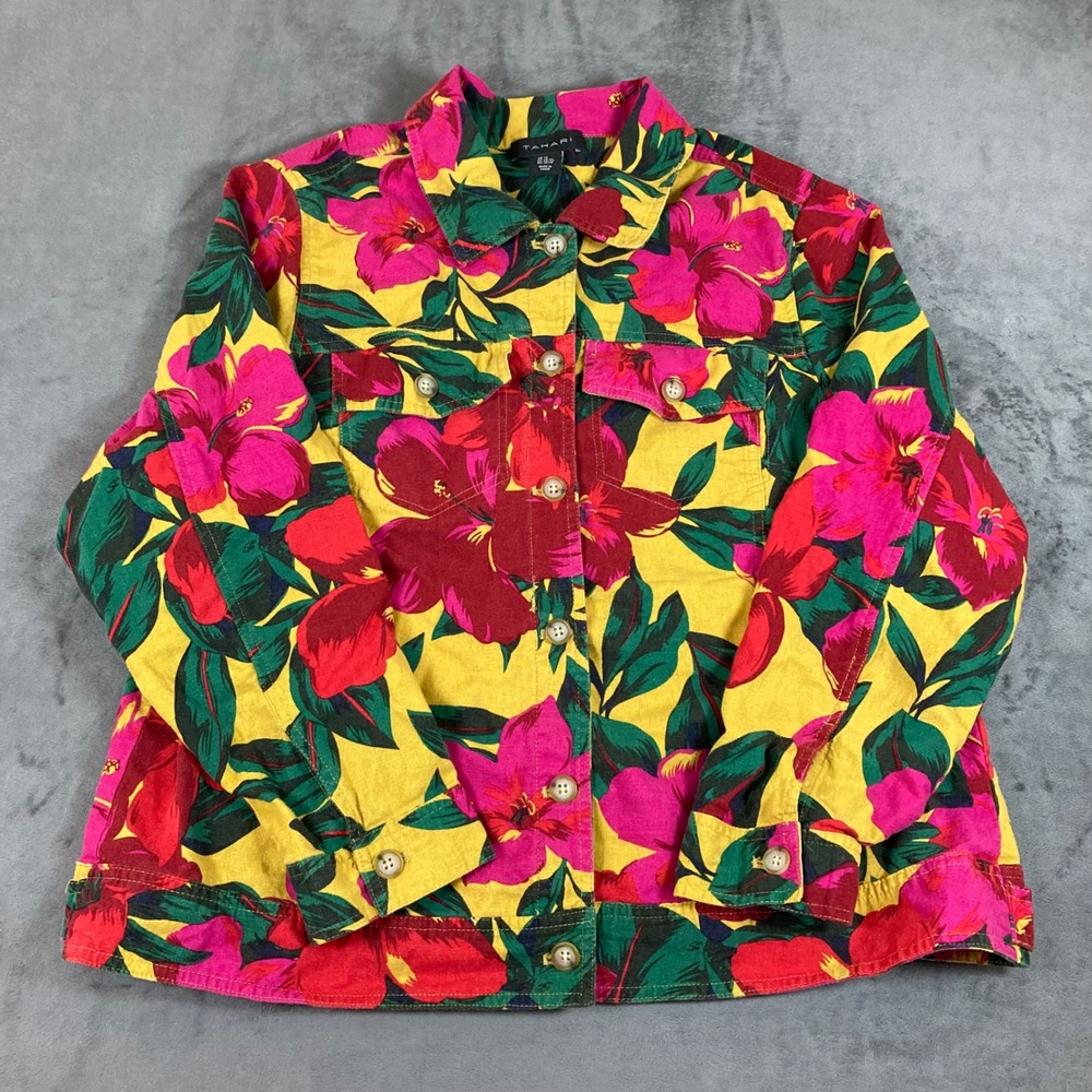Tahari Womens 1X Tropical Hibiscus Floral Linen Blend Button Front Jacket Yellow